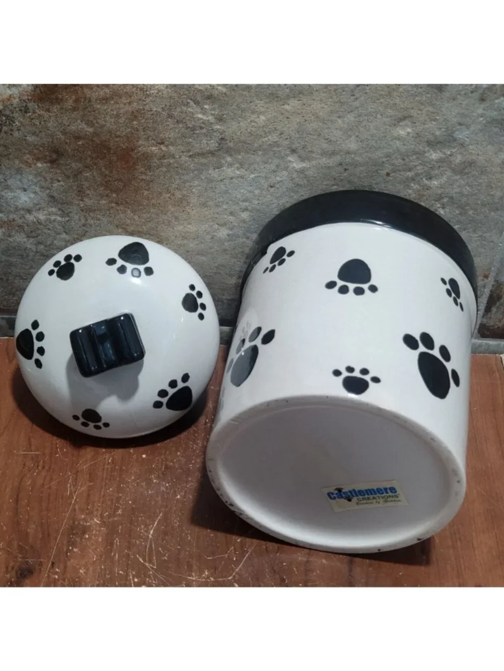 Castlemere Creations Ceramic Pet Treat Jar White Base Black Paw Print Lid Black